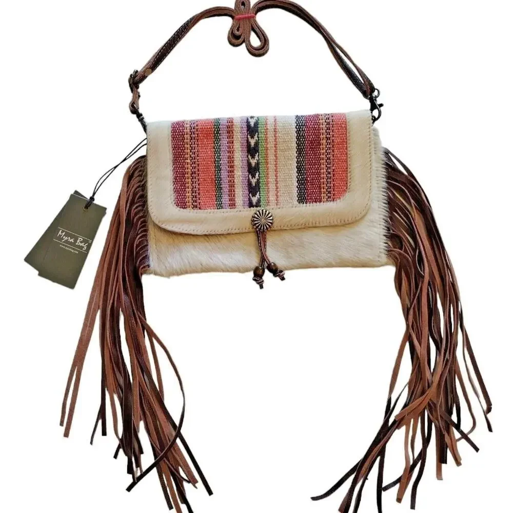 Myra Bag Delicate Hues Leather Hairon Crossbody Fringe Purse Boho Southwest - Picture 1 of 16